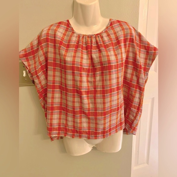 Madewell Orange Pink plaid Loose Relaxed fit Box Top Blouse Women’s XS x small - Picture 2 of 6